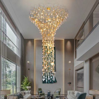 High Ceiling Crystal Chandelier Brass Branch Ceiling Light